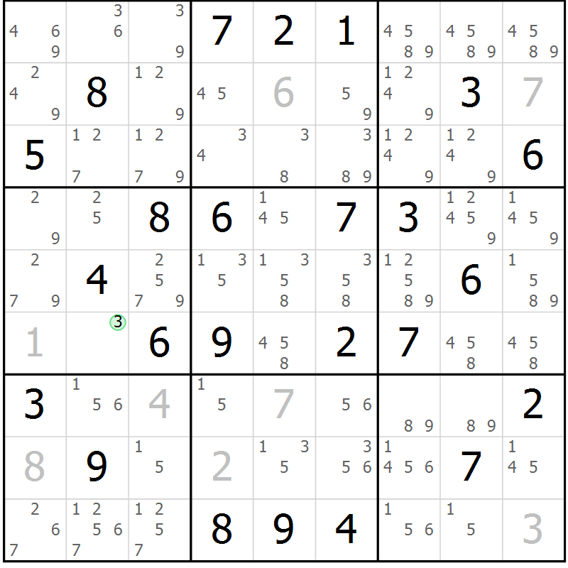 Position des candidats pour la solution de la Gr 74 page 77 du magazine de sudoku Maestro n° 099