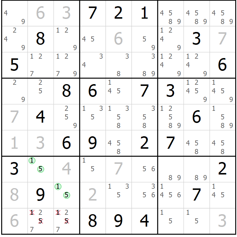 Position des candidats pour la solution de la Gr 74 page 77 du magazine de sudoku Maestro n° 099