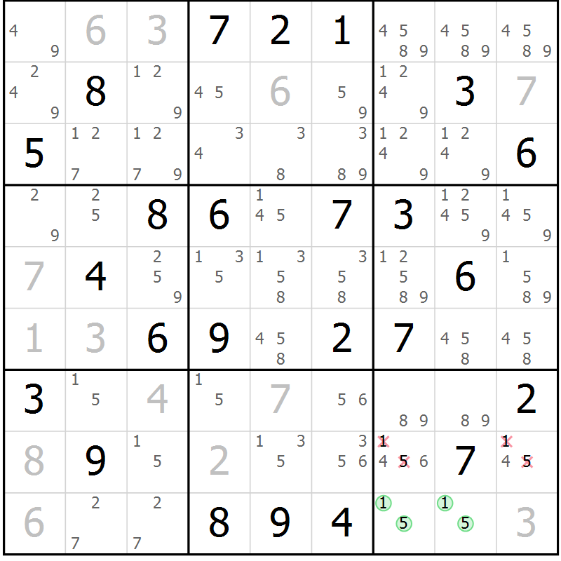 Position des candidats pour la solution de la Gr 74 page 77 du magazine de sudoku Maestro n° 099