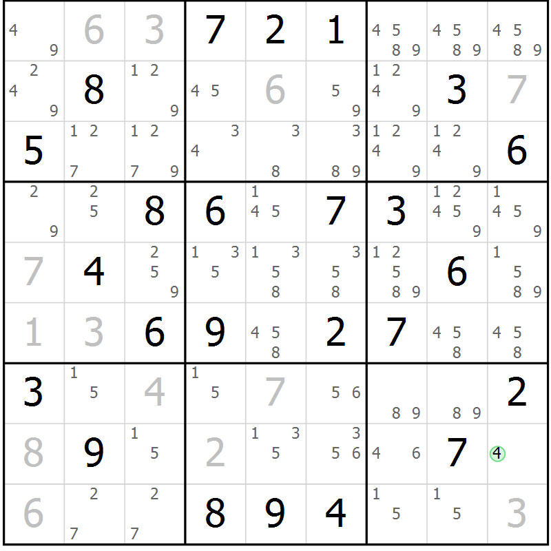Position des candidats pour la solution de la Gr 74 page 77 du magazine de sudoku Maestro n° 099