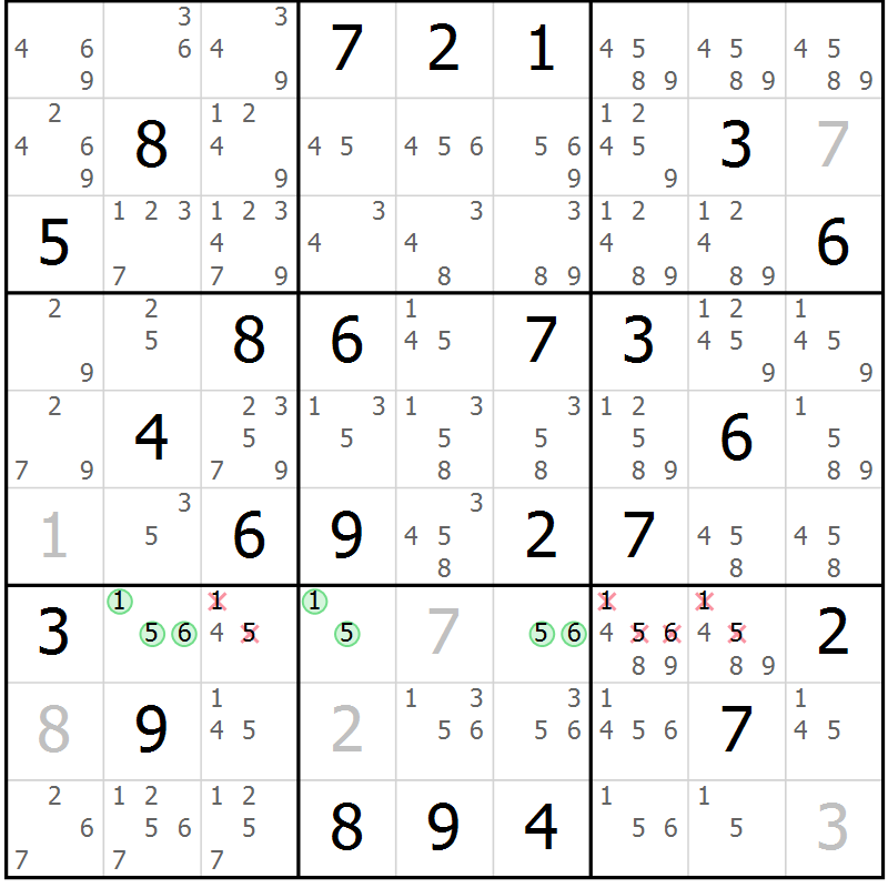 Position des candidats pour la solution de la Gr 74 page 77 du magazine de sudoku Maestro n° 099