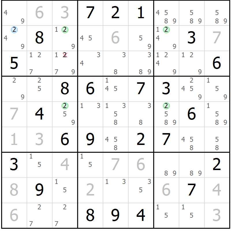 Position des candidats pour la solution de la Gr 74 page 77 du magazine de sudoku Maestro n° 099