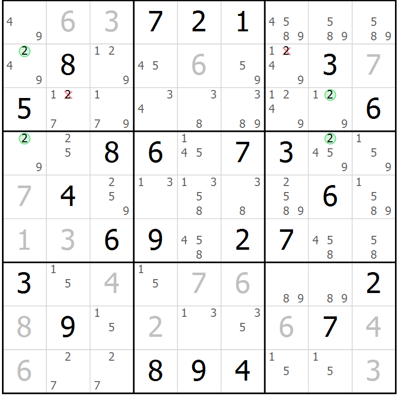 Position des candidats pour la solution de la Gr 74 page 77 du magazine de sudoku Maestro n° 099