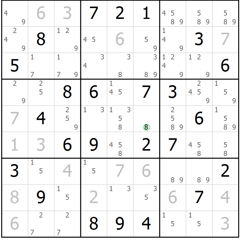 Position des candidats pour la solution de la Gr 74 page 77 du magazine de sudoku Maestro n° 099