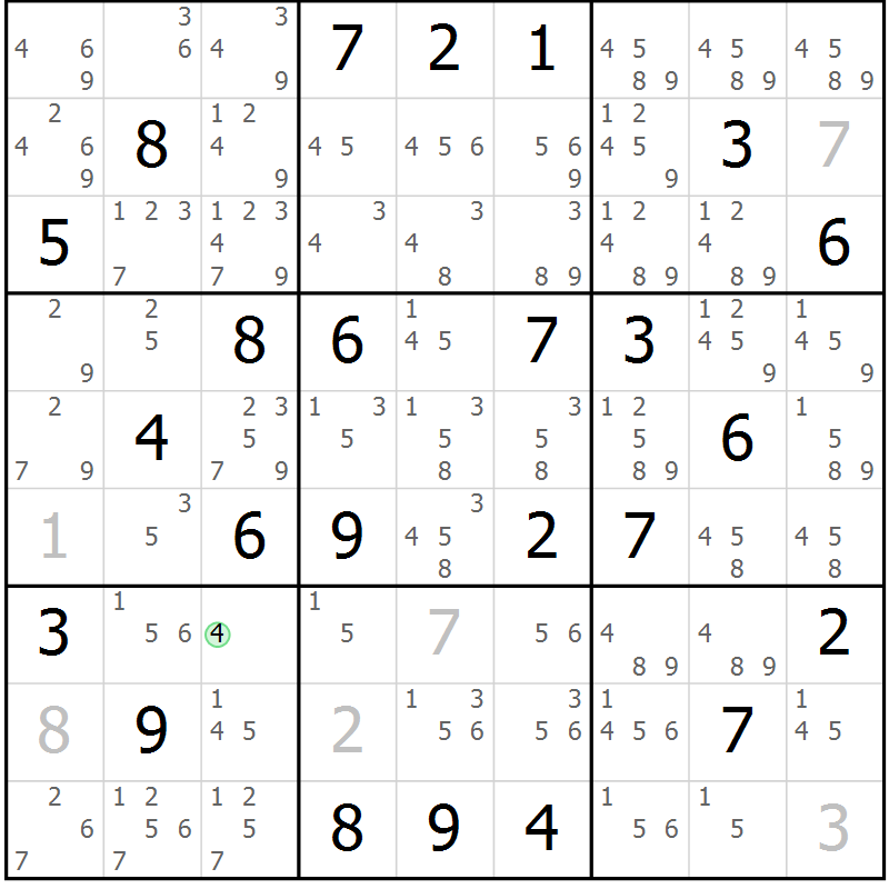 Position des candidats pour la solution de la Gr 74 page 77 du magazine de sudoku Maestro n° 099
