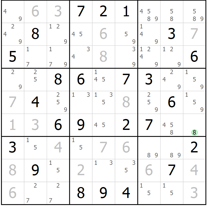Position des candidats pour la solution de la Gr 74 page 77 du magazine de sudoku Maestro n° 099
