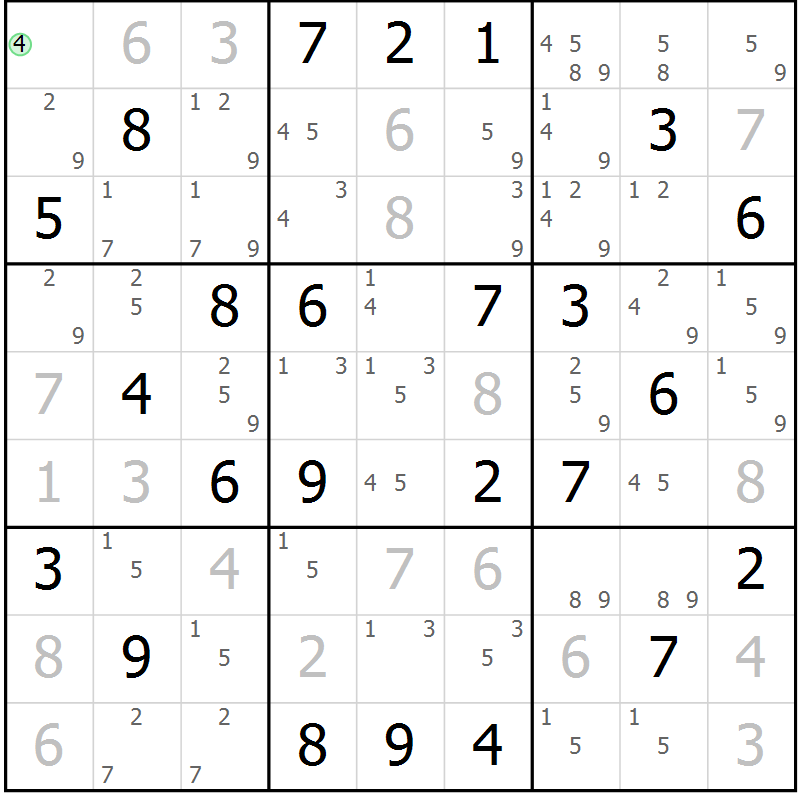 Position des candidats pour la solution de la Gr 74 page 77 du magazine de sudoku Maestro n° 099