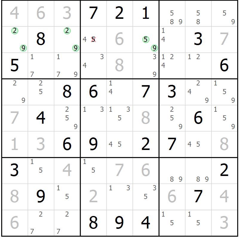 Position des candidats pour la solution de la Gr 74 page 77 du magazine de sudoku Maestro n° 099