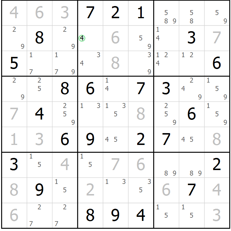 Position des candidats pour la solution de la Gr 74 page 77 du magazine de sudoku Maestro n° 099