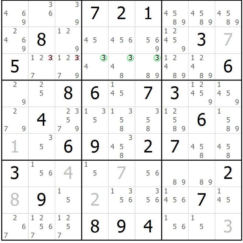 Position des candidats pour la solution de la Gr 74 page 77 du magazine de sudoku Maestro n° 099