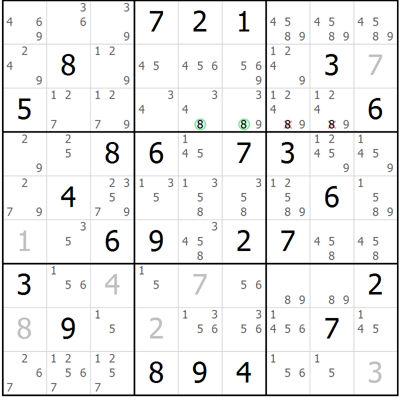 Position des candidats pour la solution de la Gr 74 page 77 du magazine de sudoku Maestro n° 099