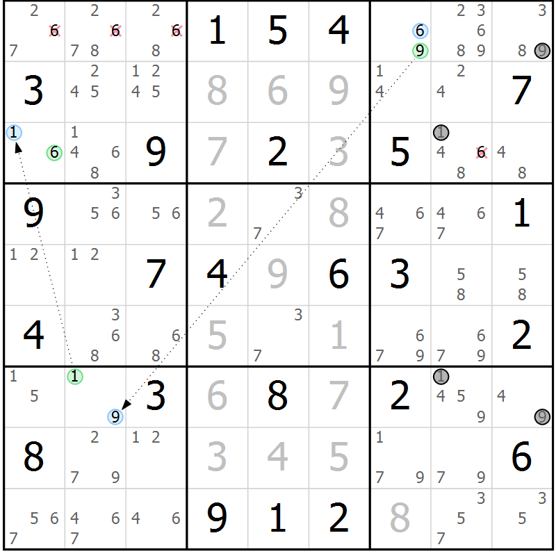 Position des candidats pour la solution de la Gr 75 page 78 du magazine de sudoku Maestro n° 099