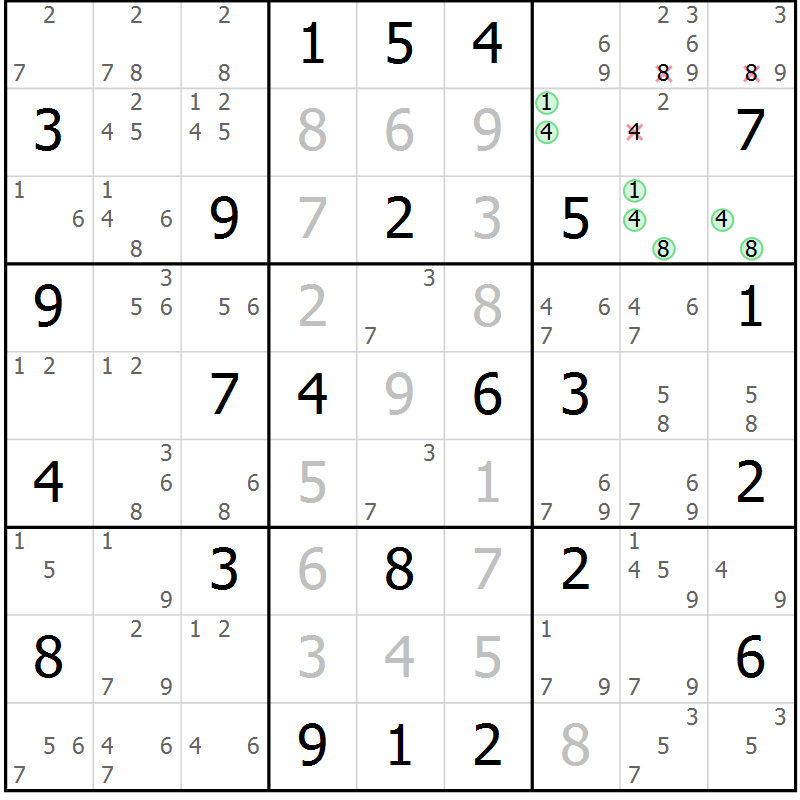 Position des candidats pour la solution de la Gr 75 page 78 du magazine de sudoku Maestro n° 099