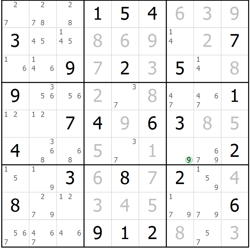 Position des candidats pour la solution de la Gr 75 page 78 du magazine de sudoku Maestro n° 099