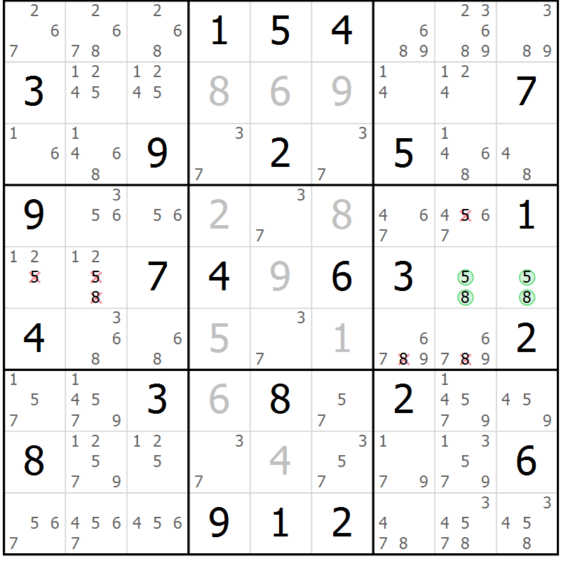 Position des candidats pour la solution de la Gr 75 page 78 du magazine de sudoku Maestro n° 099
