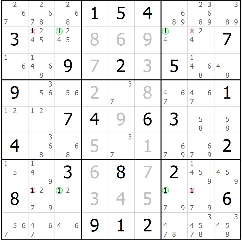 Position des candidats pour la solution de la Gr 75 page 78 du magazine de sudoku Maestro n° 099