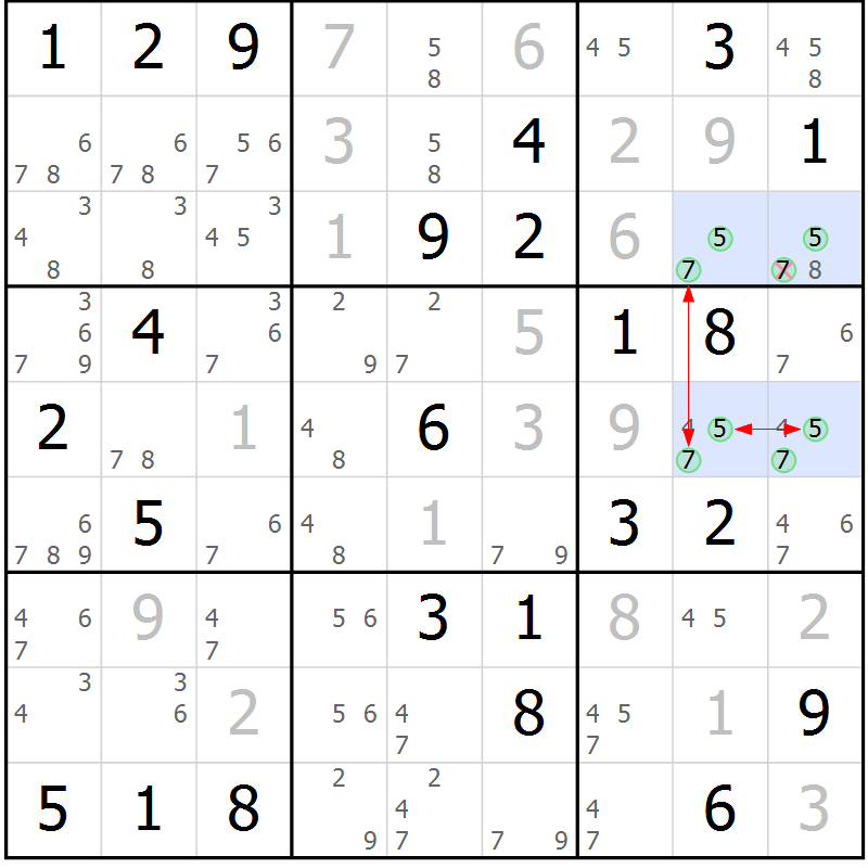 Position des candidats pour la solution de la Gr 76 page 79 du magazine de sudoku Maestro n° 099