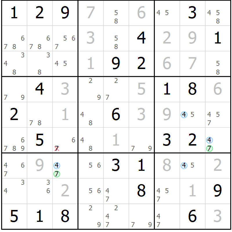 Position des candidats pour la solution de la Gr 76 page 79 du magazine de sudoku Maestro n° 099
