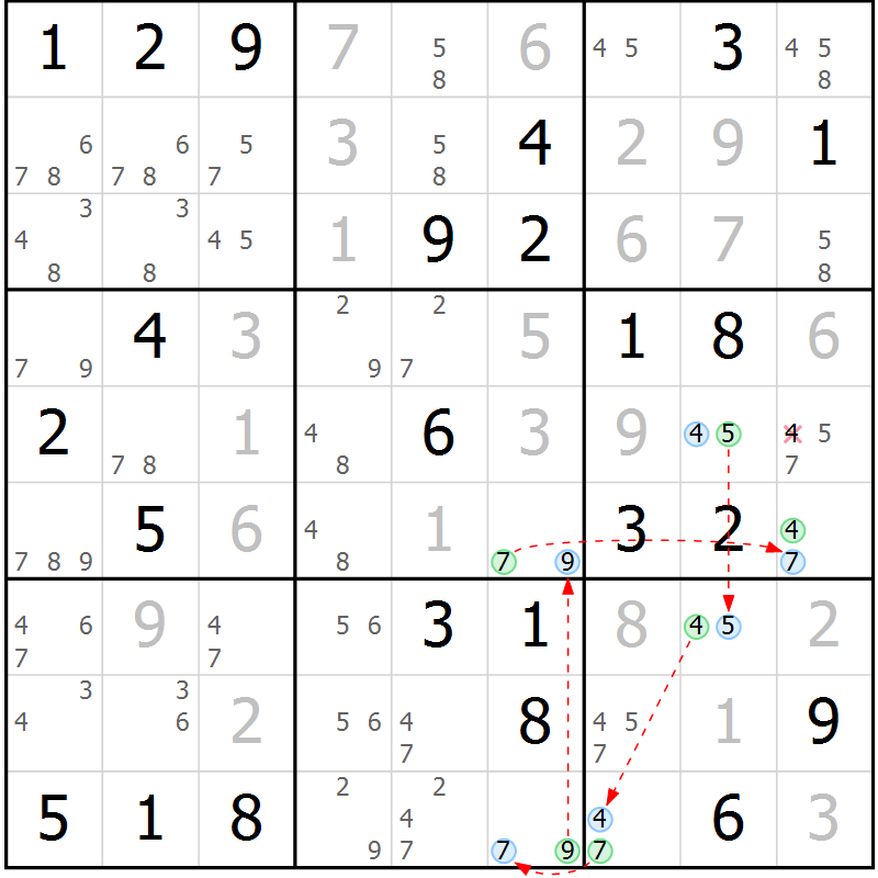 Position des candidats pour la solution de la Gr 76 page 79 du magazine de sudoku Maestro n° 099
