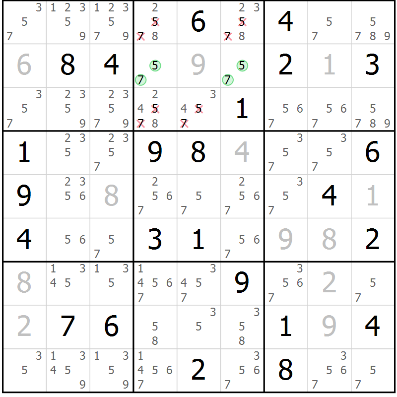 Position des candidats pour la solution de la Gr 77 page 80 du magazine de sudoku Maestro n° 099