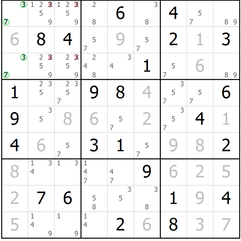 Position des candidats pour la solution de la Gr 77 page 80 du magazine de sudoku Maestro n° 099
