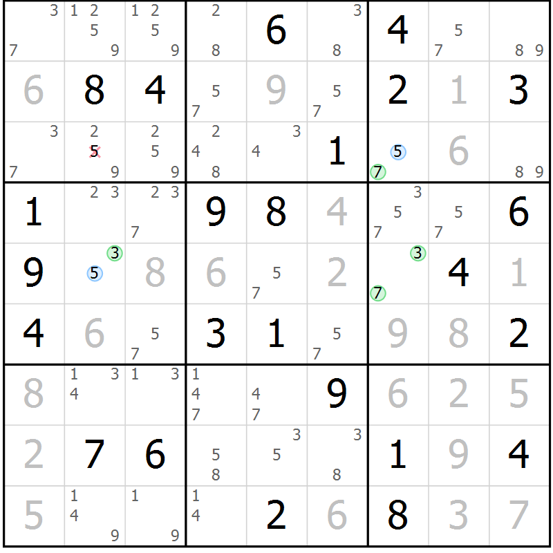 Position des candidats pour la solution de la Gr 77 page 80 du magazine de sudoku Maestro n° 099