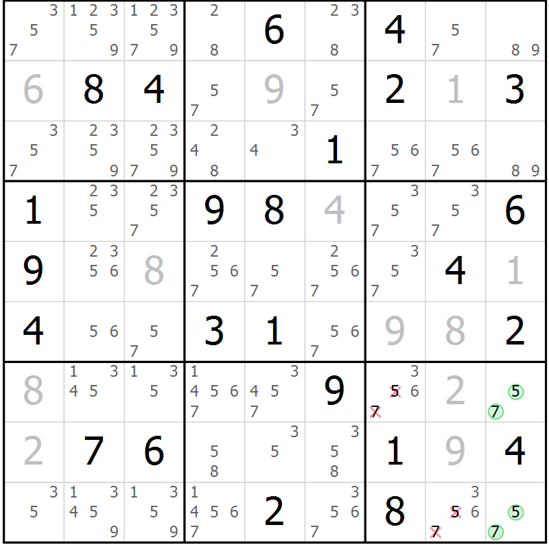 Position des candidats pour la solution de la Gr 77 page 80 du magazine de sudoku Maestro n° 099