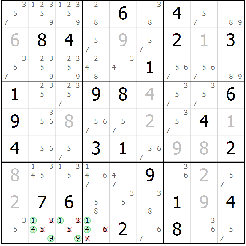 Position des candidats pour la solution de la Gr 77 page 80 du magazine de sudoku Maestro n° 099