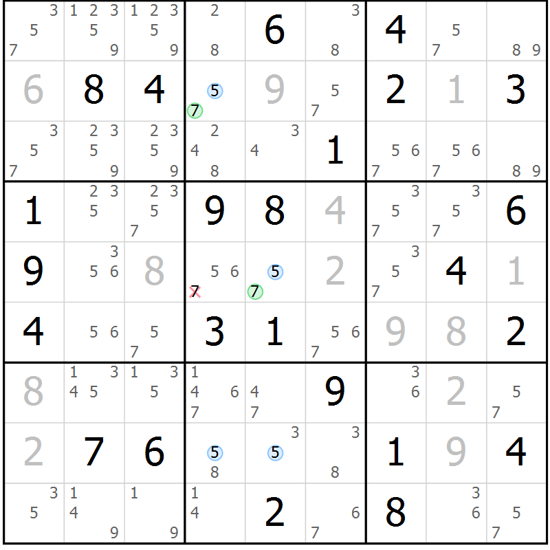 Position des candidats pour la solution de la Gr 77 page 80 du magazine de sudoku Maestro n° 099