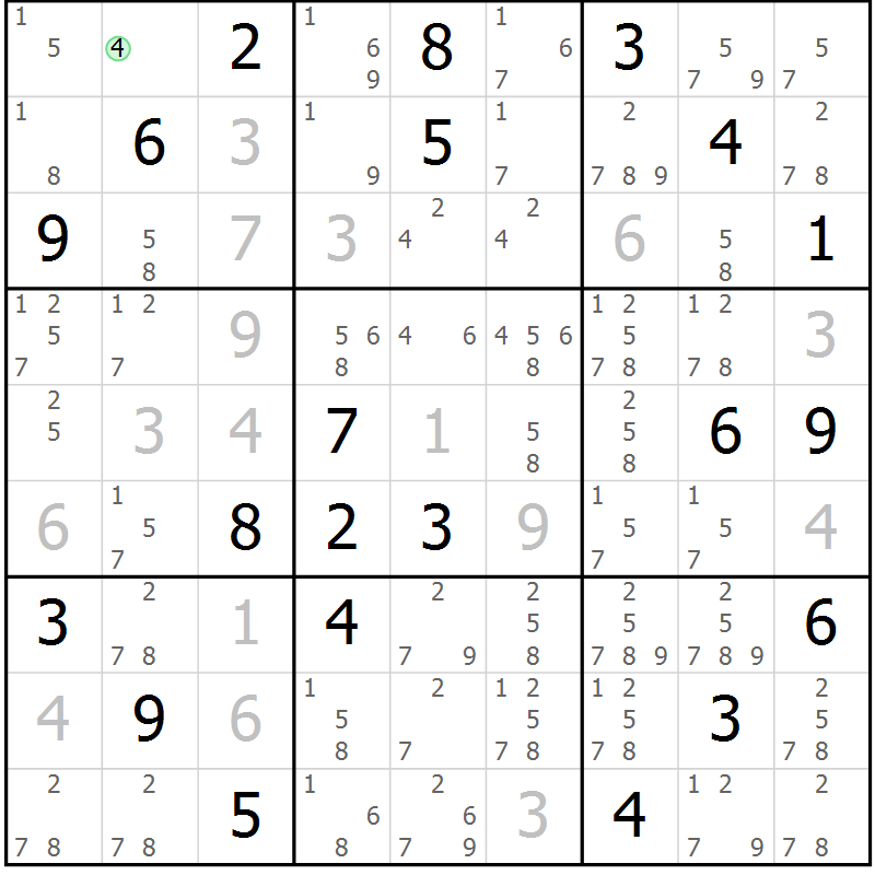 Position des candidats pour la solution de la Gr 78 page 81 du magazine de sudoku Maestro n° 099