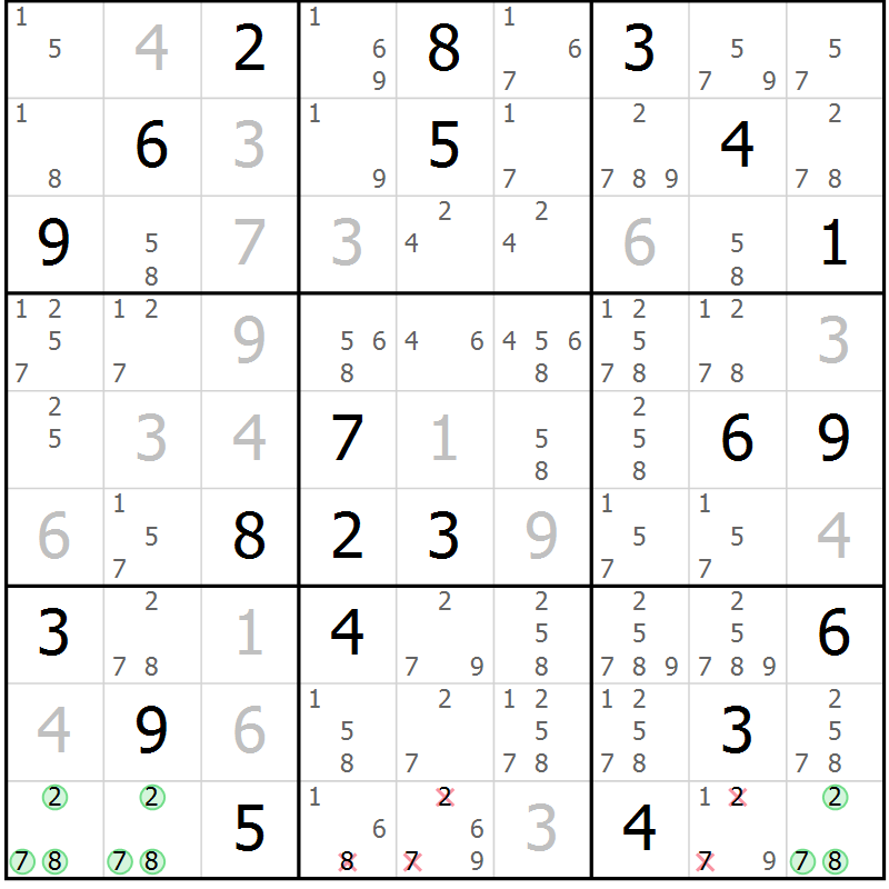 Position des candidats pour la solution de la Gr 78 page 81 du magazine de sudoku Maestro n° 099