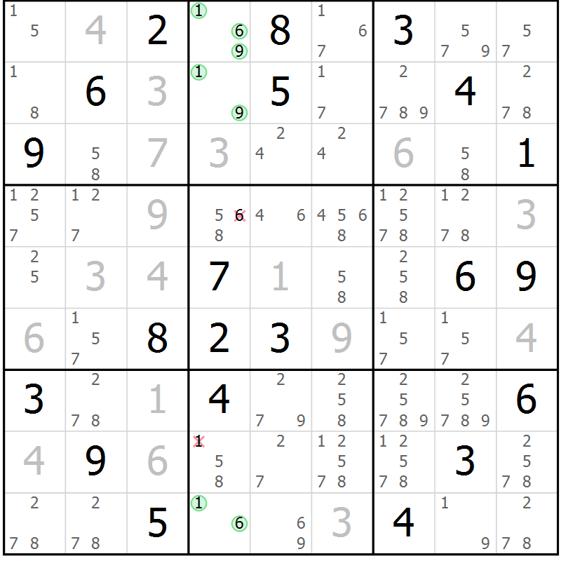Position des candidats pour la solution de la Gr 78 page 81 du magazine de sudoku Maestro n° 099