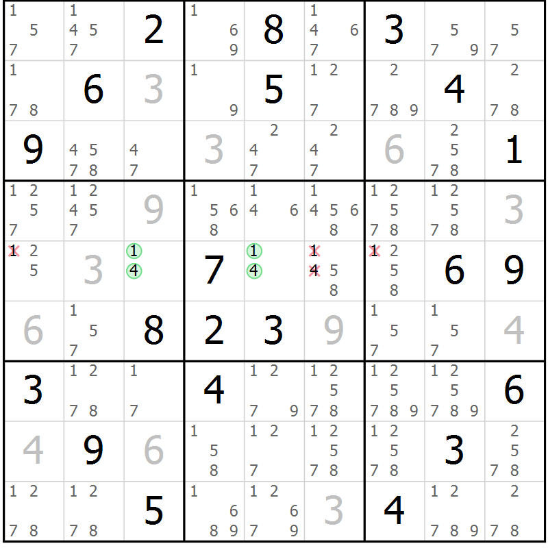 Position des candidats pour la solution de la Gr 78 page 81 du magazine de sudoku Maestro n° 099