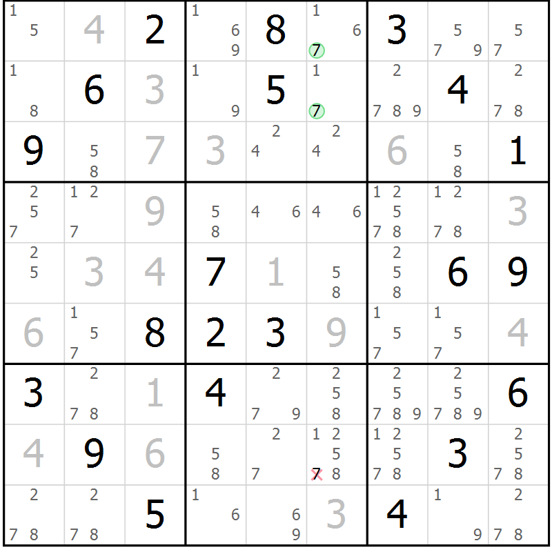 Position des candidats pour la solution de la Gr 78 page 81 du magazine de sudoku Maestro n° 099