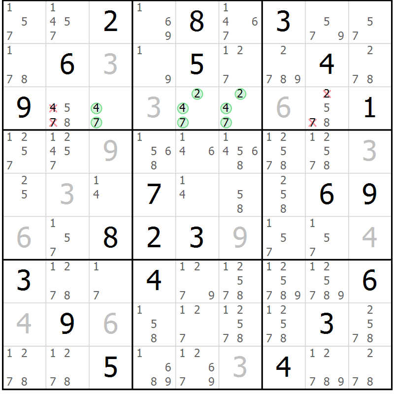 Position des candidats pour la solution de la Gr 78 page 81 du magazine de sudoku Maestro n° 099