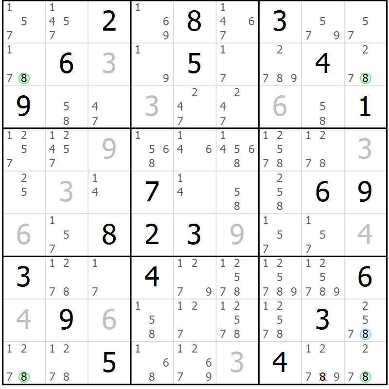 Position des candidats pour la solution de la Gr 78 page 81 du magazine de sudoku Maestro n° 099