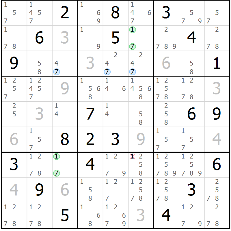 Position des candidats pour la solution de la Gr 78 page 81 du magazine de sudoku Maestro n° 099