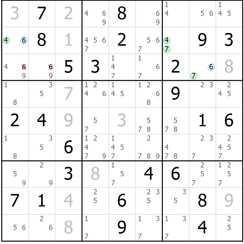 Position des candidats pour la solution de la Gr 79 page 82 du magazine de sudoku Maestro n° 099