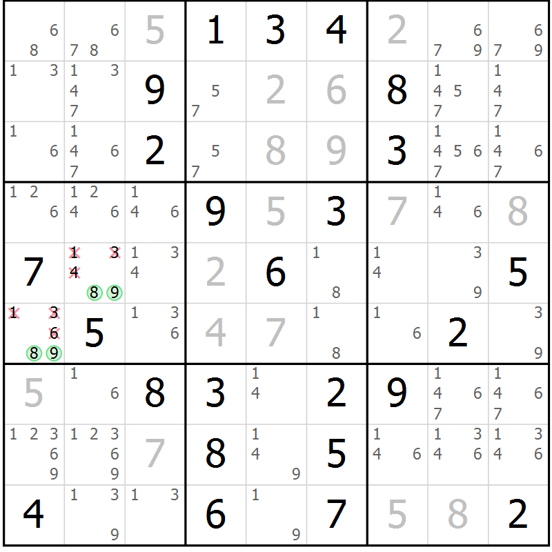 Position des candidats pour la solution de la Gr 8 page 11 du magazine de sudoku Maestro n° 099