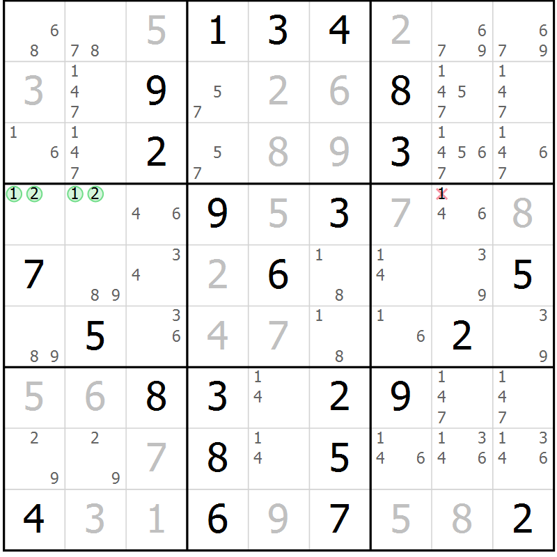 Position des candidats pour la solution de la Gr 8 page 11 du magazine de sudoku Maestro n° 099