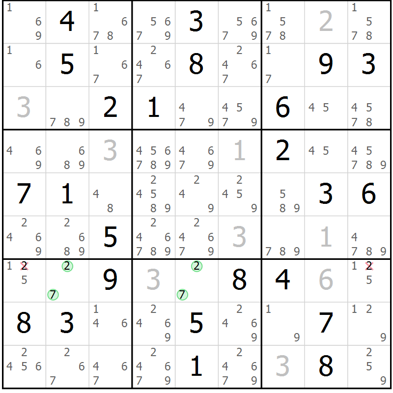 Position des candidats pour la solution de la Gr 80 page 83 du magazine de sudoku Maestro n° 099