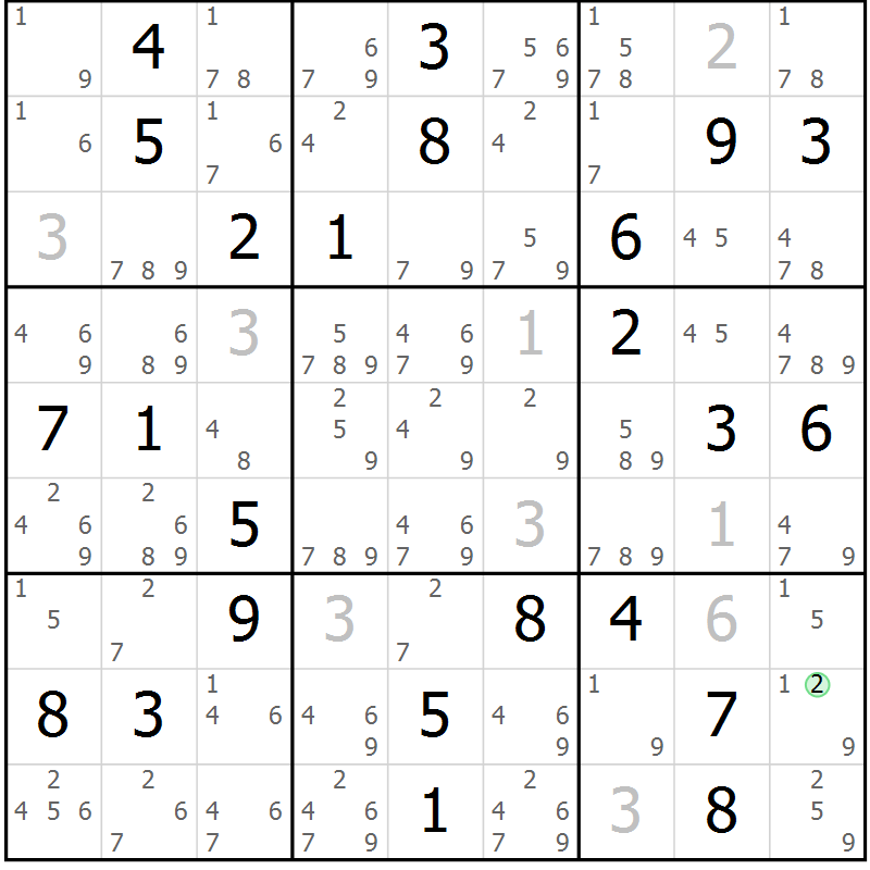 Position des candidats pour la solution de la Gr 80 page 83 du magazine de sudoku Maestro n° 099