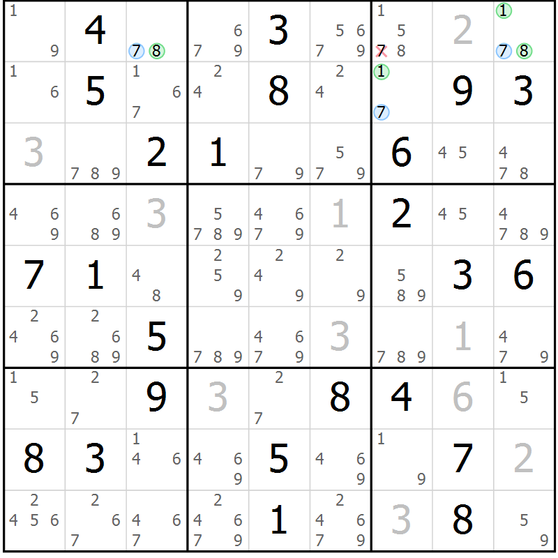 Position des candidats pour la solution de la Gr 80 page 83 du magazine de sudoku Maestro n° 099