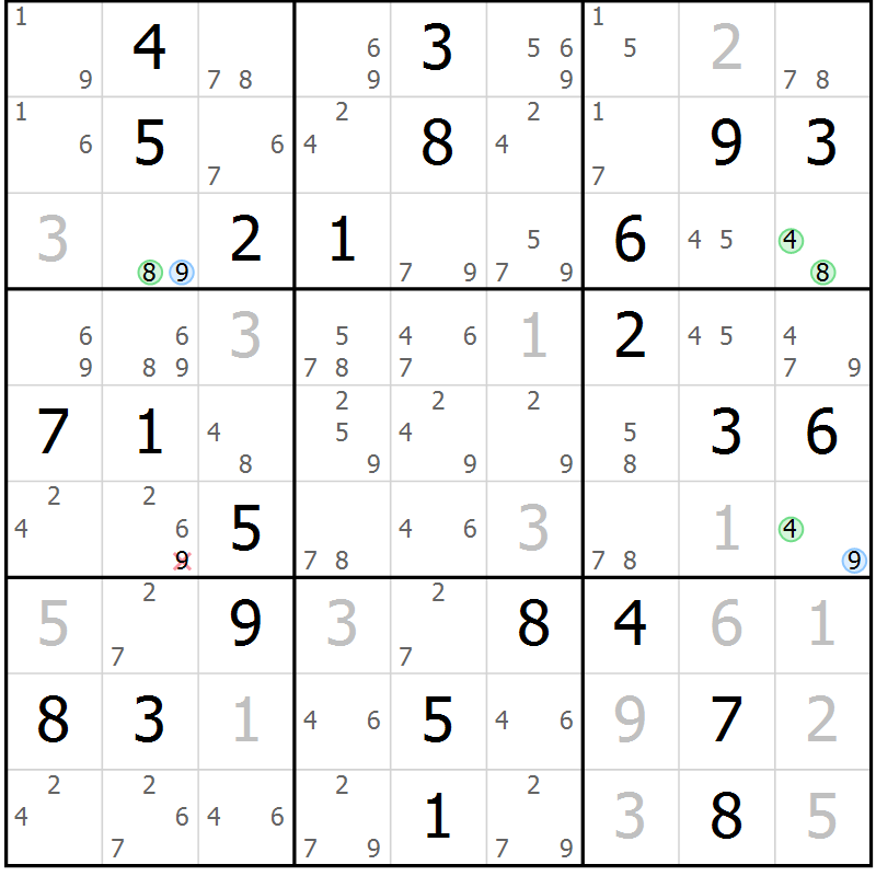Position des candidats pour la solution de la Gr 80 page 83 du magazine de sudoku Maestro n° 099