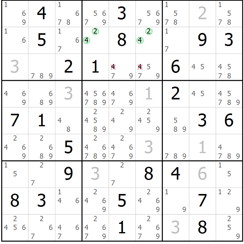 Position des candidats pour la solution de la Gr 80 page 83 du magazine de sudoku Maestro n° 099