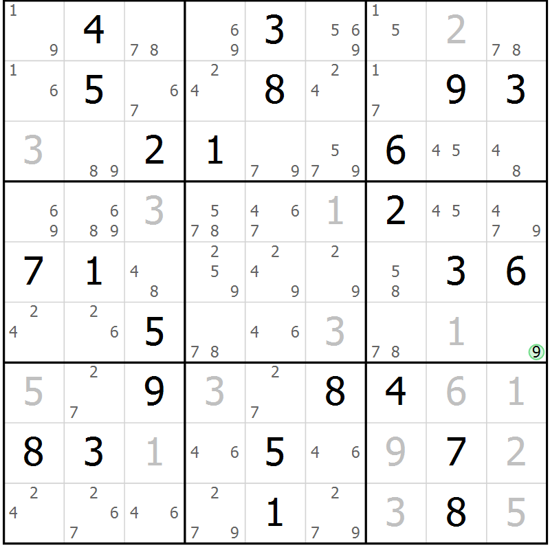 Position des candidats pour la solution de la Gr 80 page 83 du magazine de sudoku Maestro n° 099