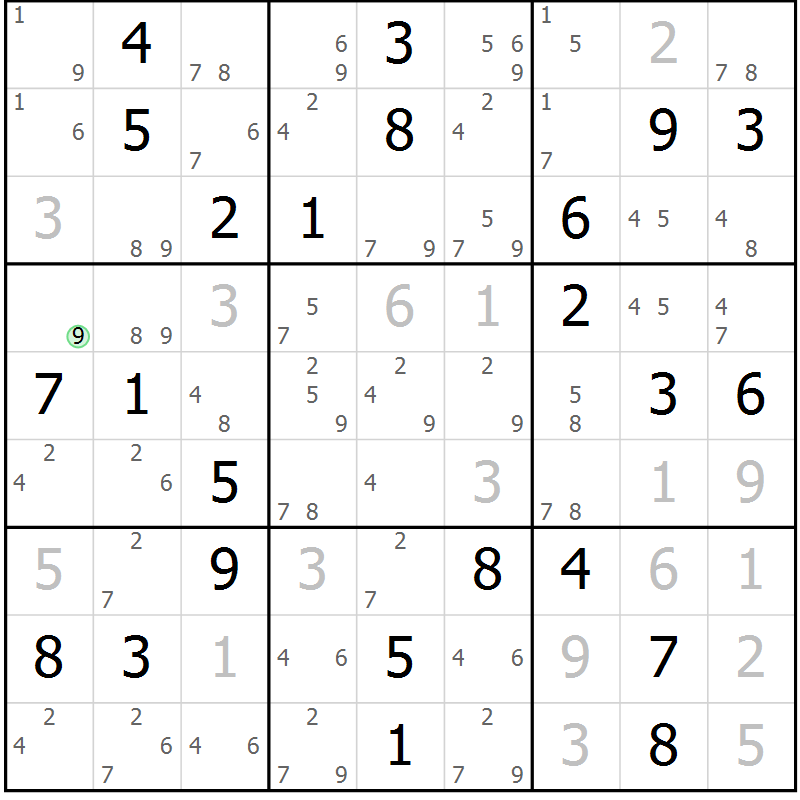 Position des candidats pour la solution de la Gr 80 page 83 du magazine de sudoku Maestro n° 099
