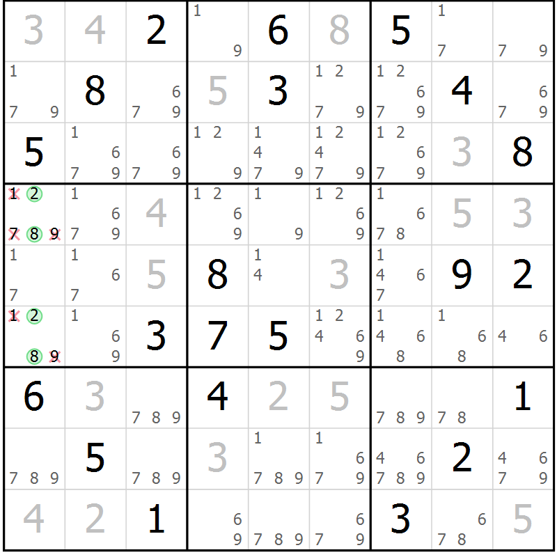 Position des candidats pour la solution de la Gr 81 page 84 du magazine de sudoku Maestro n° 099