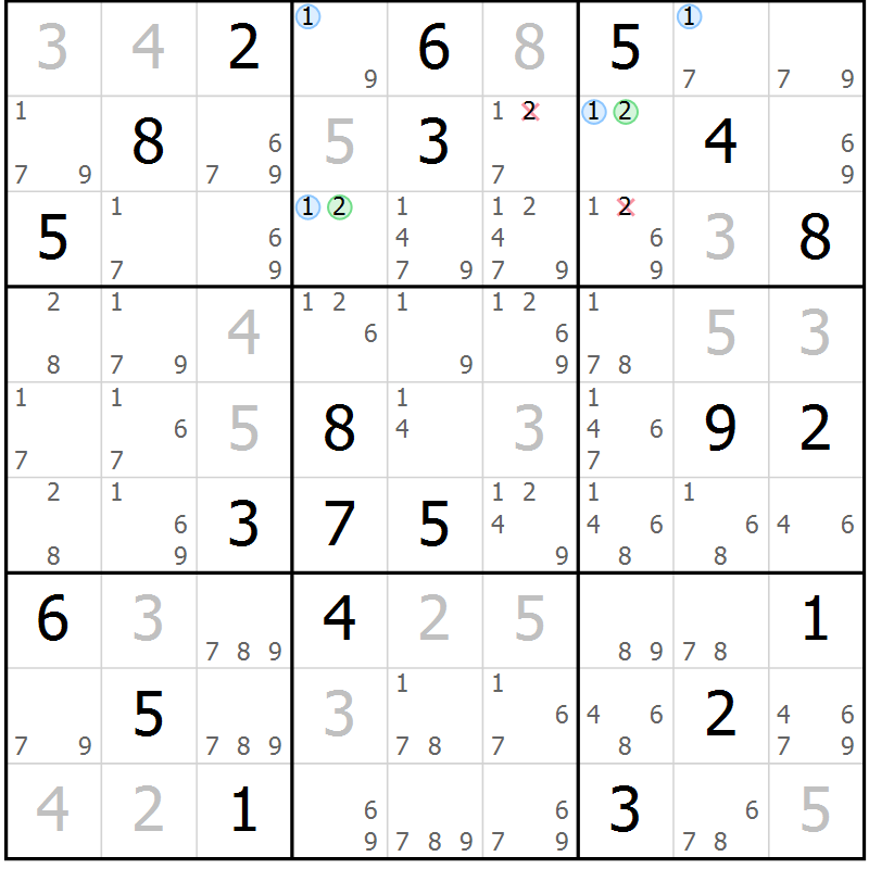 Position des candidats pour la solution de la Gr 81 page 84 du magazine de sudoku Maestro n° 099