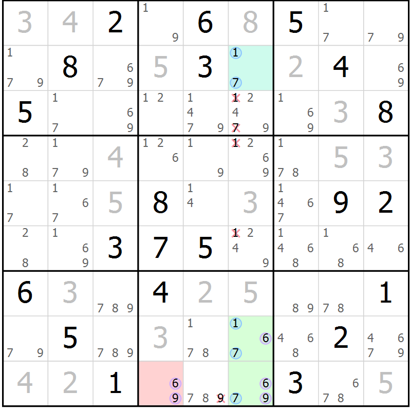 Position des candidats pour la solution de la Gr 81 page 84 du magazine de sudoku Maestro n° 099